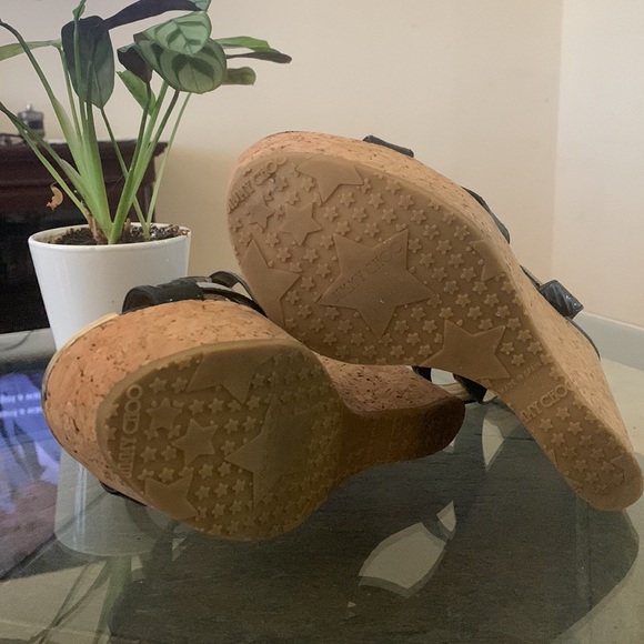 ✨JIMMY CHOO PAPYRUS BLACK PATENT LEATHER CORK WEDGE PLATFORM SANDALS - Picture 12 of 15